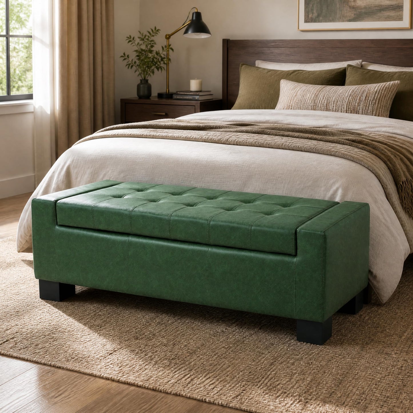 Christopher Knight Home Vance Tufted Storage Ottoman Bench, PU Upholstered Ottoman with Storage, Modern Bedroom End of Bed Bench with Storage, Comfy Living Room Sofa Extra Seat, Green+Black