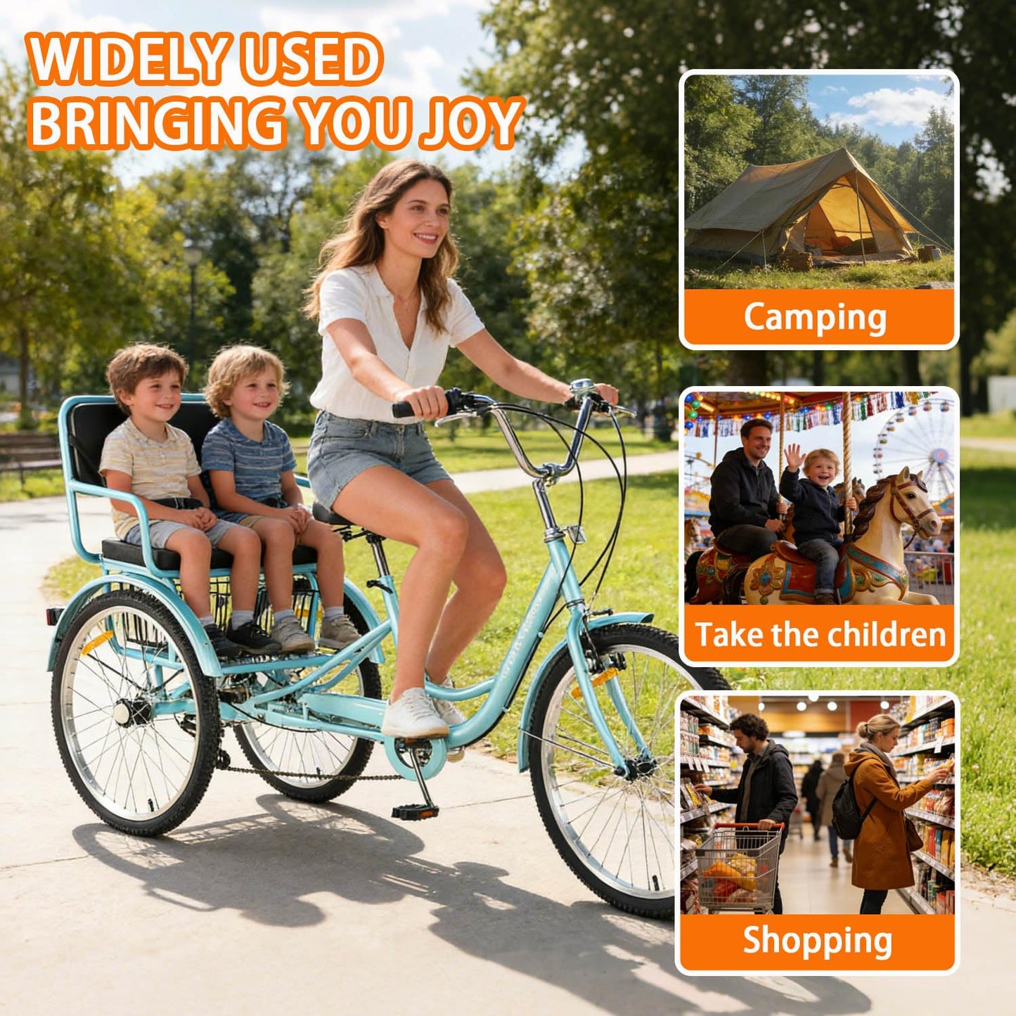 Adult Tricycle 7 Speed 24 Inch Trike, 3 Wheel Bikes Extended Rear wheelbase Trikes Wheel Bike with Rear Basket and Rear Seat, for Women,Men,Seniors,Maximum Load 550lbs (Blue)