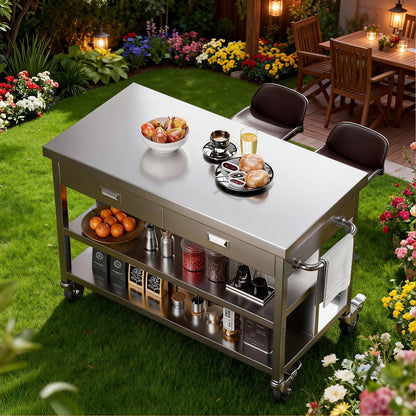KINGBO 50" Stainless Steel Kitchen Island with Storage, Rolling Kitchen Island Table with 2 Drawers on Wheels, Portable Island Cart for Kitchen, Outdoor, Restaurant, Cafe