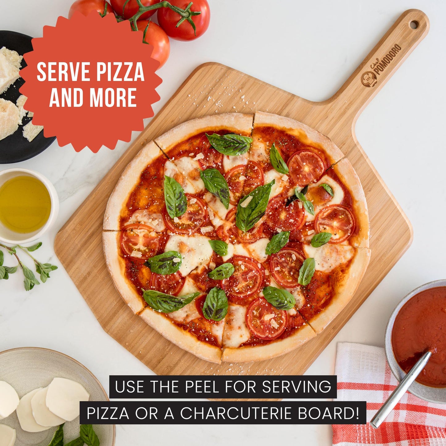 Chef Pomodoro Wooden Pizza Peel 16 Inch, Durable Bamboo Baking Tool, Slider Paddle, Wood Cutting Board, Baking Spatula for Preparing, Launching and Serving Pizza, Bread, Cheese Boards and More