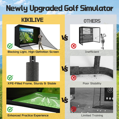 Golf Simulator Enclosure Net 10x8FT Golf Practice Simulator with HD Impact Screen Kit & Sturdy EPE Foam-Filled Frame Golfs Cage Net with Safety Side Nets for Home Indoor Setup