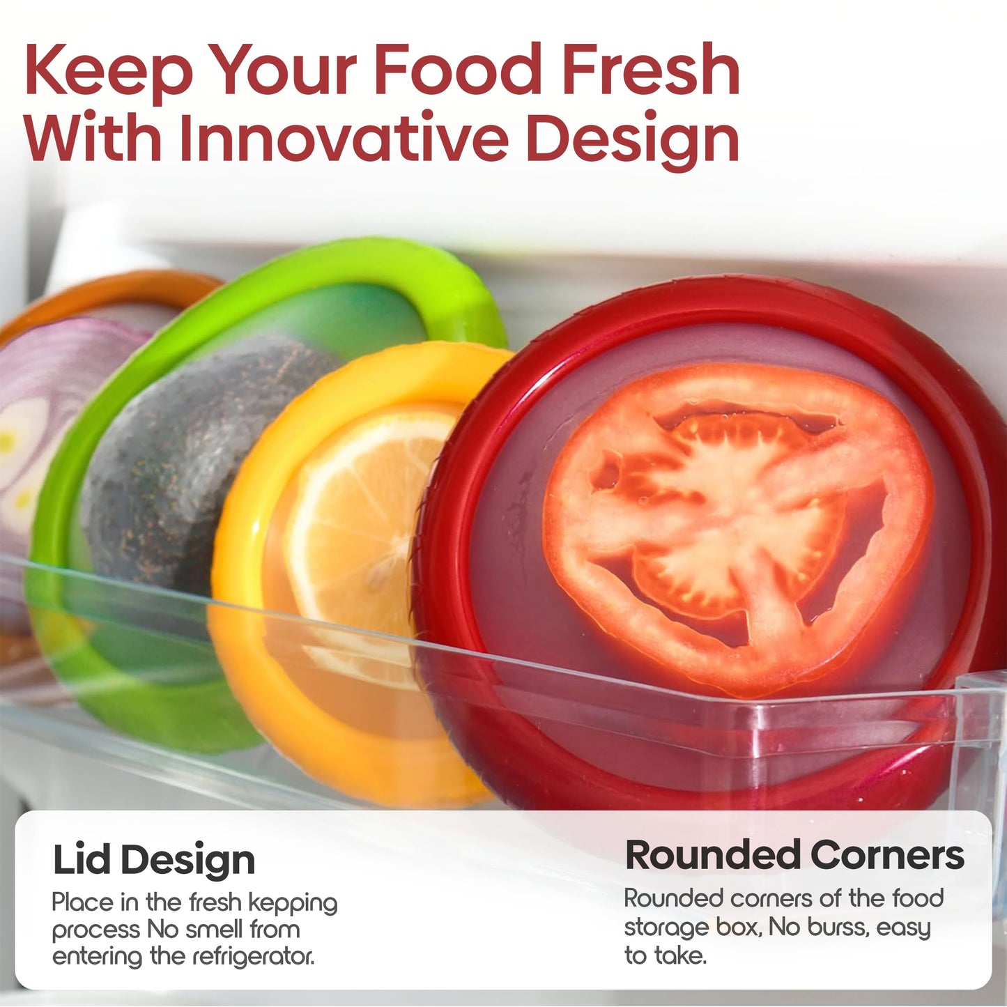 Set of 4 Food Popz Storage Containers | Fruit and Vegetable Anti-Oxidation Storage Box for Avocado, Onion, Lemon & Tomato | Fresh Pod Reusable Fruit Antioxidant Storage for Fridge | BPA-Free Box