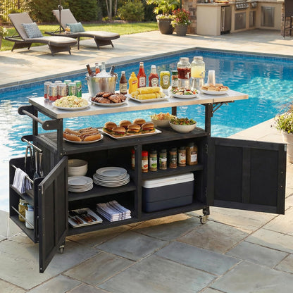 Outdoor Kitchen Island Cart with Foldable Stainless Steel Top, Rolling Grill Table with Adjustable Shelf Storage Spice Rack and Towel Holder, Wooden BBQ Prep Station with Lockable Wheels, Black