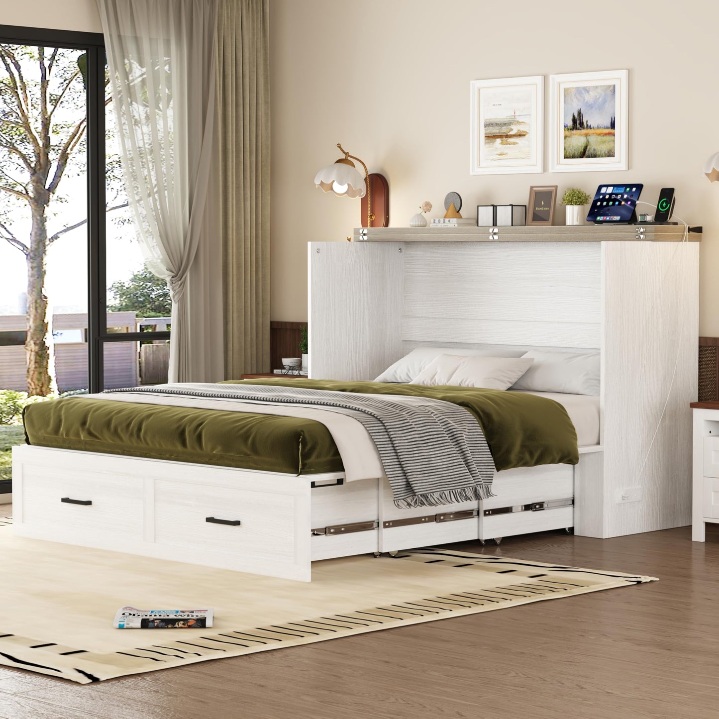 Merax Modern Farmhouse Solid Wood Murphy Cabinet Bed with Charging Station, Foldable Wall Platform Bed with Storage Drawer/No Box Spring Needed/Easy Assemble/Queen, White