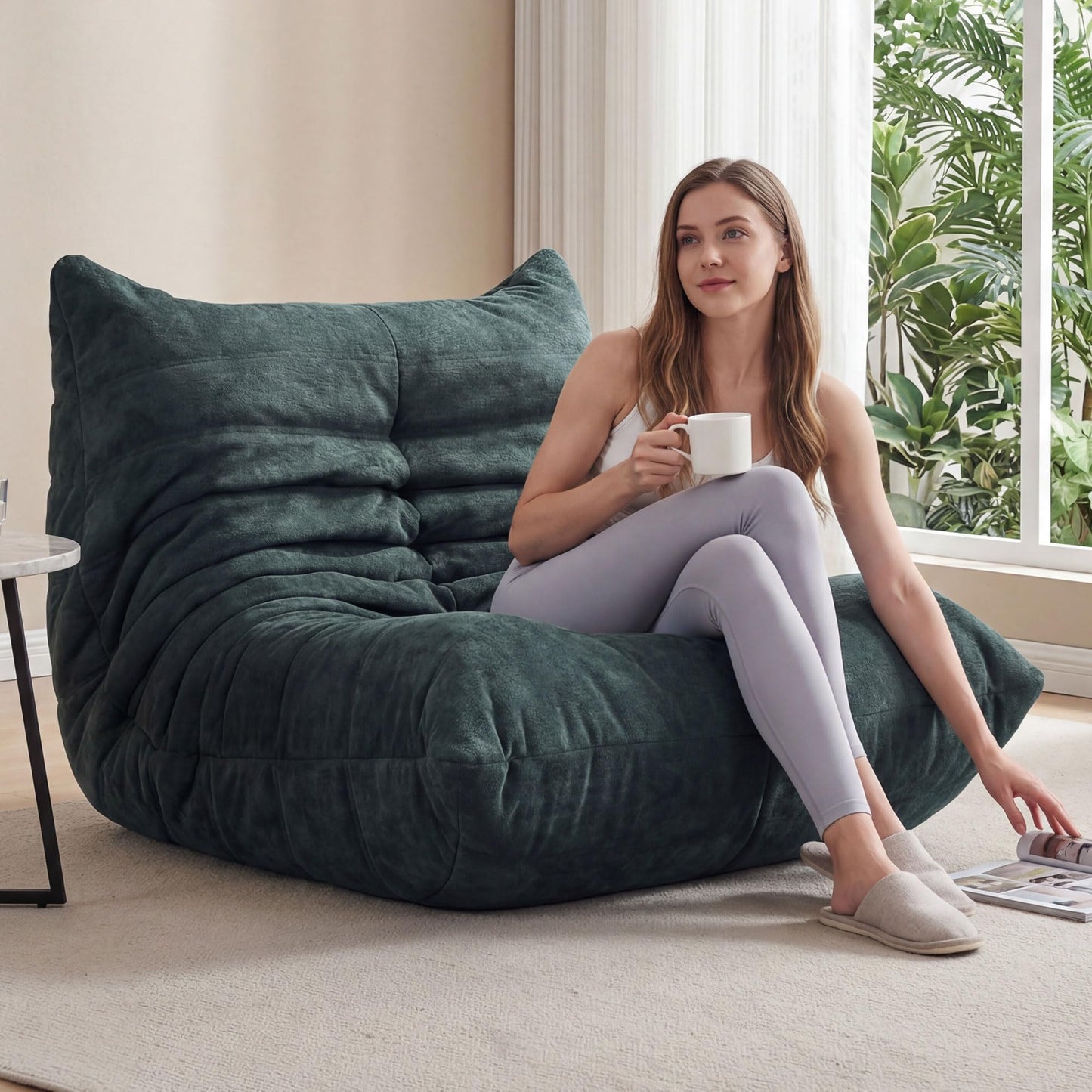 Bean Bag Loveseat for Adults, 51.18" Double Floor Lounge Sofa with Reinforced Armrests, 30D High-Density Foam Support, Premium 450G Velvet Soft Seating for Living Room & Bedroom, Dark Green
