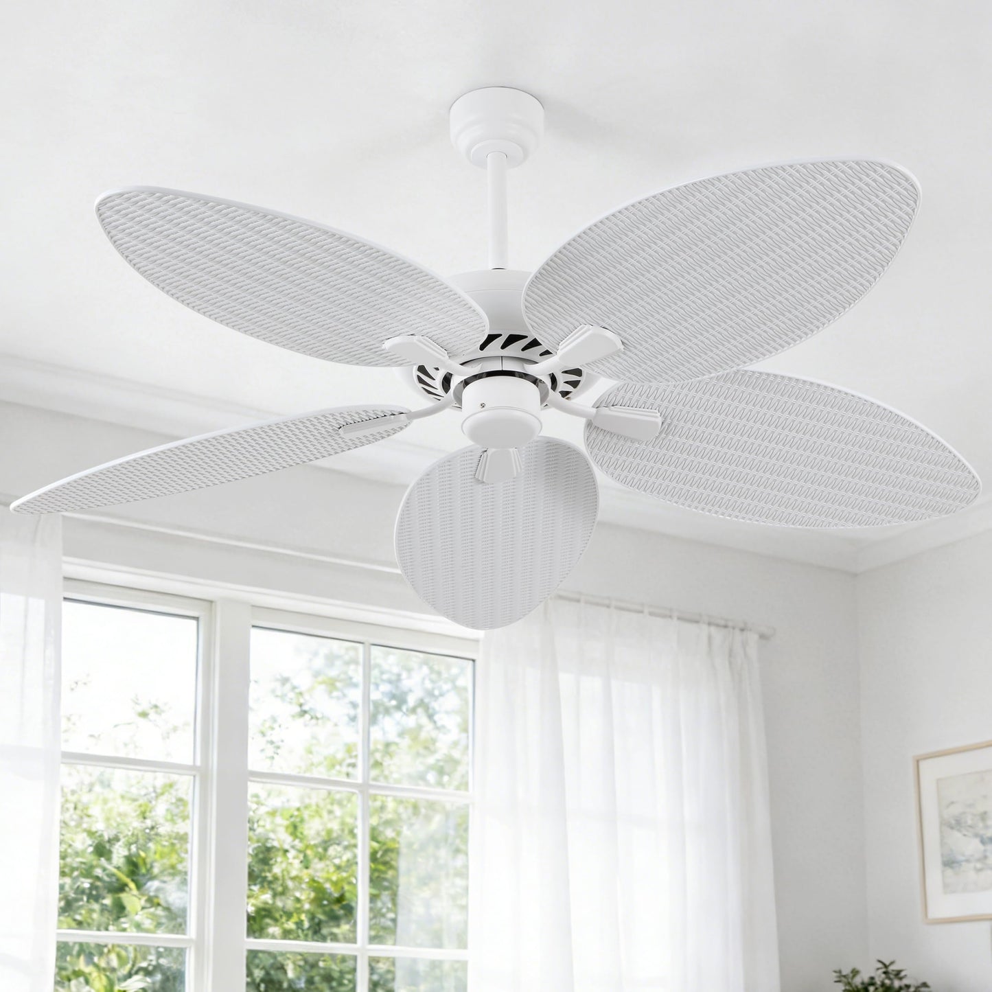 JONATHAN Y 52" White Metal Tropical Palm Leaf Blades Ceiling Fan Coastal Bohemian for Living Room Mobile App and Remote Control 6-Speed Sloped Ceiling Compatible JYL9719D