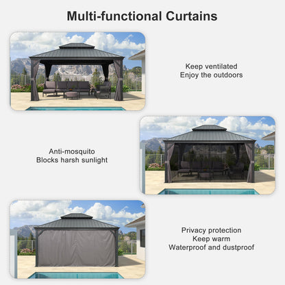 PURPLE LEAF 13' X 15' Permanent Gazebo with Metal Roof Outdoor Hardtop Gazebo for Patio Lawn and Garden Curtains and Netting Included Grey