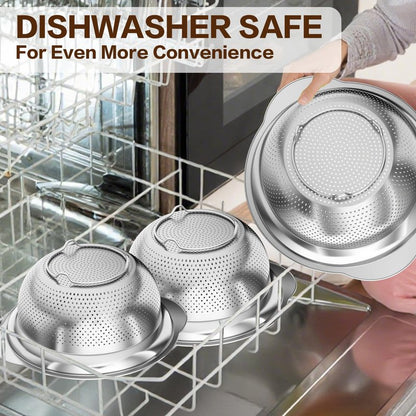 Stainless Steel Colander for Kitchen, Stainless Steel Strainer, Pasta Strainer for Spaghetti Fruit Cooking Food, 3 Pcs Strainers and Colanders(2QT, 3QT, 5QT), Dishwasher Safe, Kitchen Present