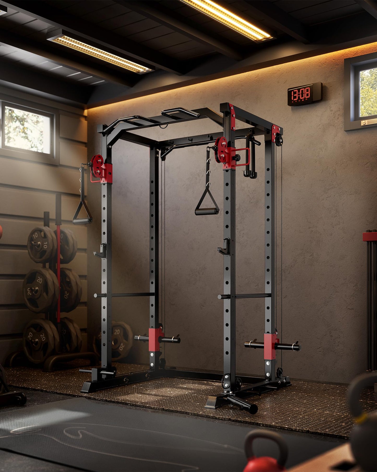 Garvee Power Cage, Multi-Functional Power Racks for Home Gym with Dual Pulley Systems, 1200 LBS Weight Capacity Fitness Squat Rack for Strength Workout with More Training Attachment, Red