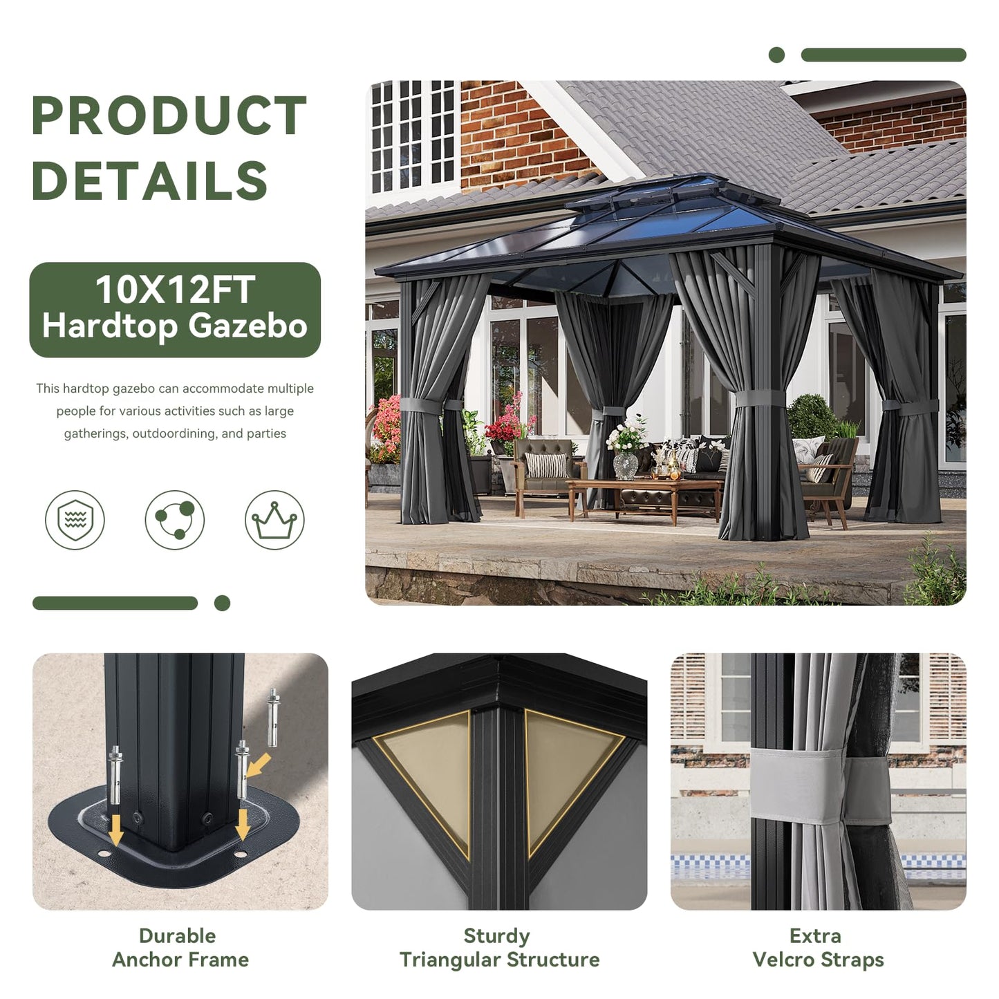 Aoxun 10'x12' Hardtop Gazebo, Aluminum Frame Permanent Pavilion with Curtains and Netting, Outdoor Polycarbonate Double Roof Canopy for Garden, Lawns, Patio