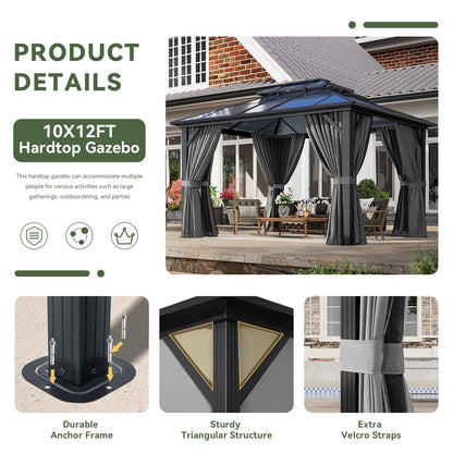 Aoxun 10'x12' Hardtop Gazebo, Aluminum Frame Permanent Pavilion with Curtains and Netting, Outdoor Polycarbonate Double Roof Canopy for Garden, Lawns, Patio