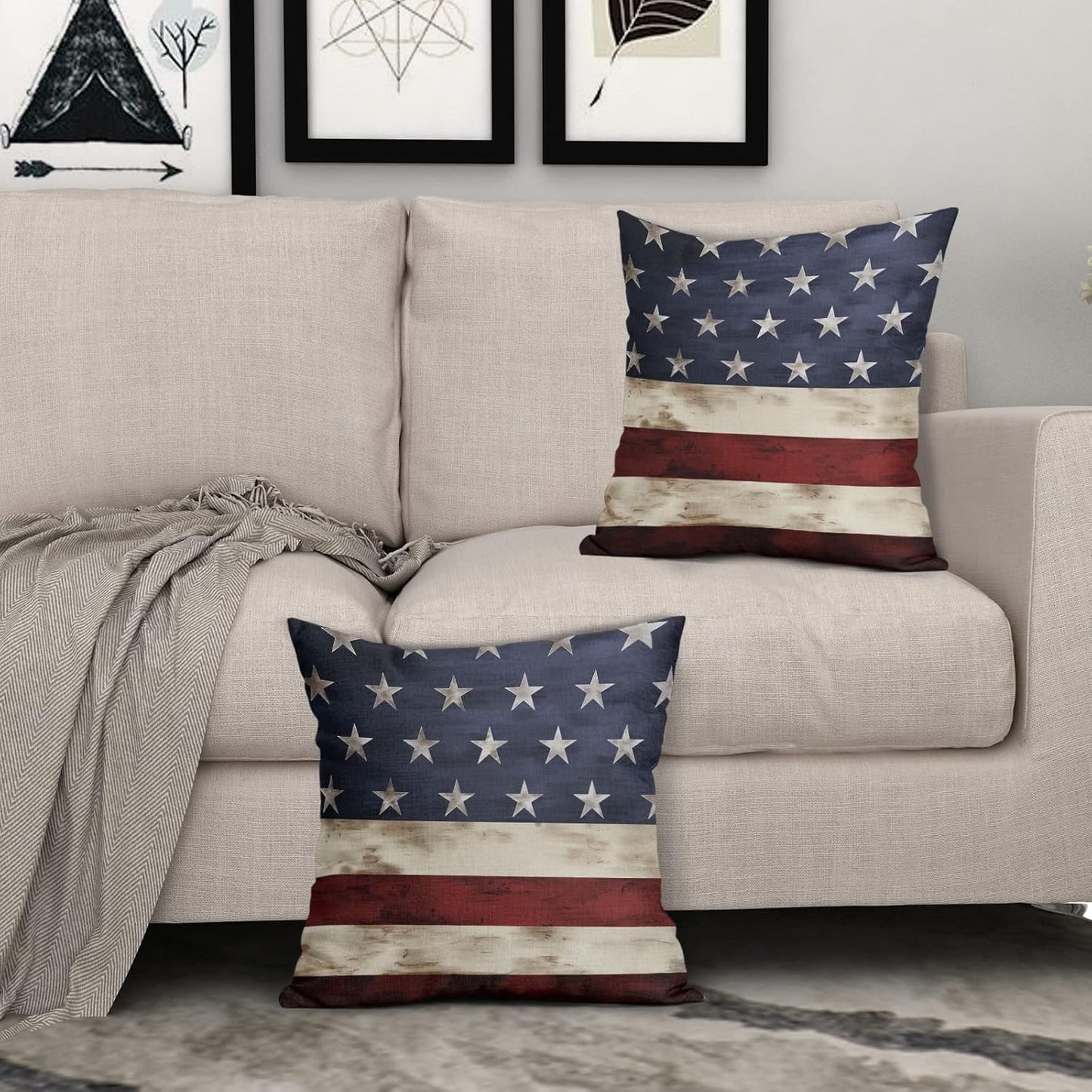 Independence Day American Flag Throw Pillow Covers, Set of 2, 18X18 Inches, Patriotic Stripes for Home Decor