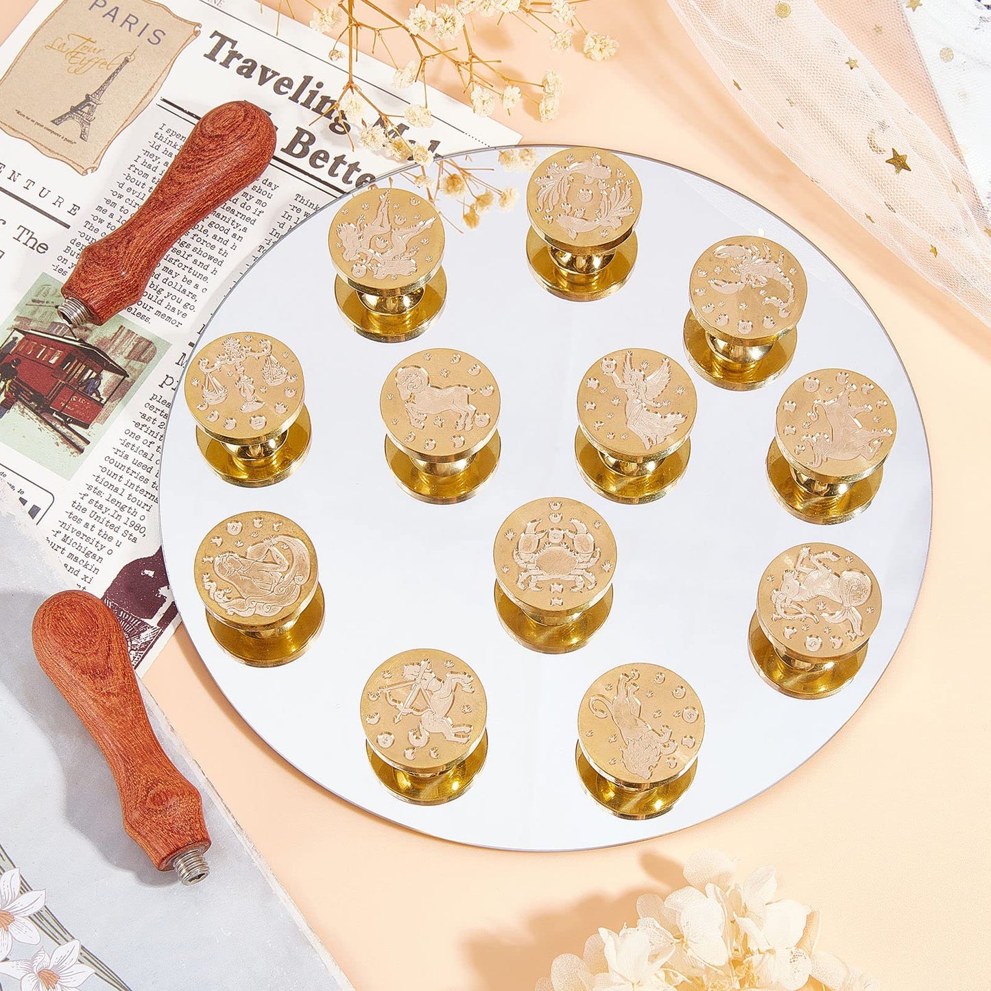 CRASPIRE 12pcs Constellations Wax Seal Stamp Set Tarot Magic Sealing Stamp Heads Kits with 2pcs Wood Handle for Wedding Invitations Envelopes Birthday Gift Cards Scrapbooking