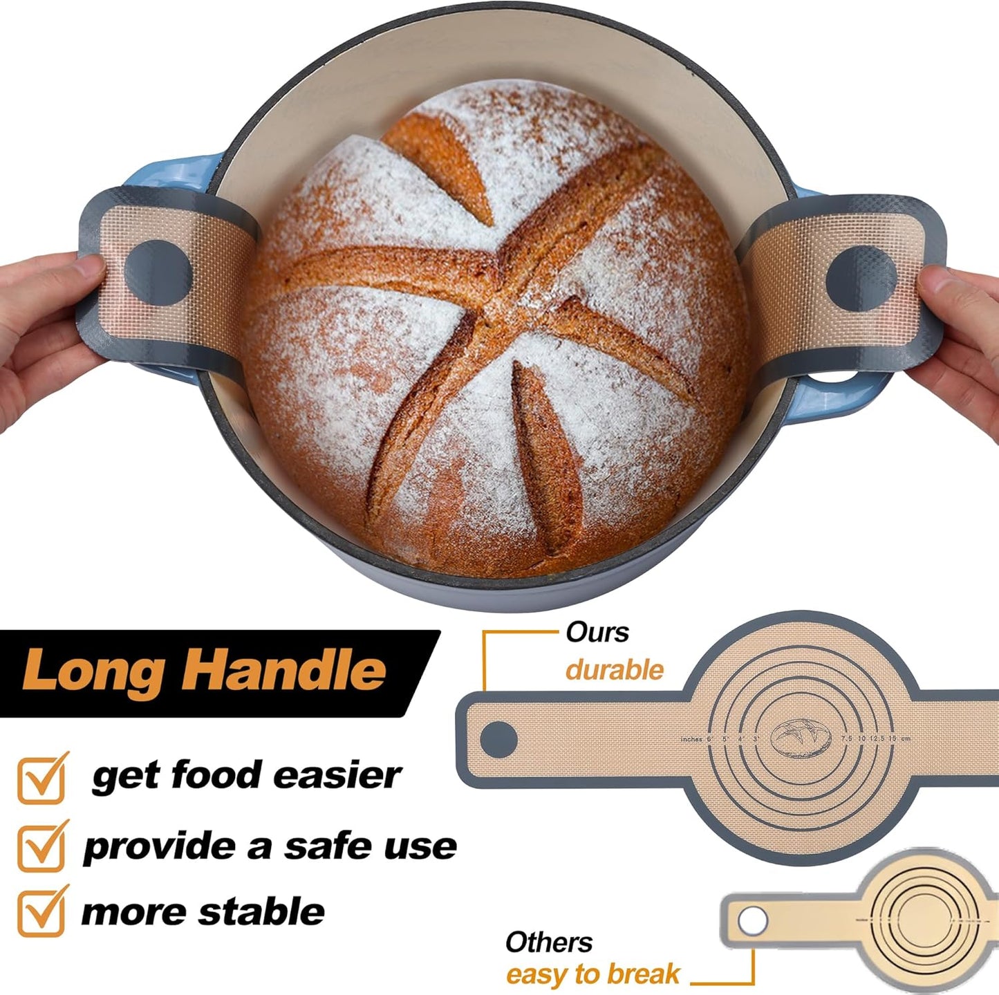 E-far Silicone Bread Sling for Dutch Oven - 2-Piece Reusable Baking Mat with Long Handle
