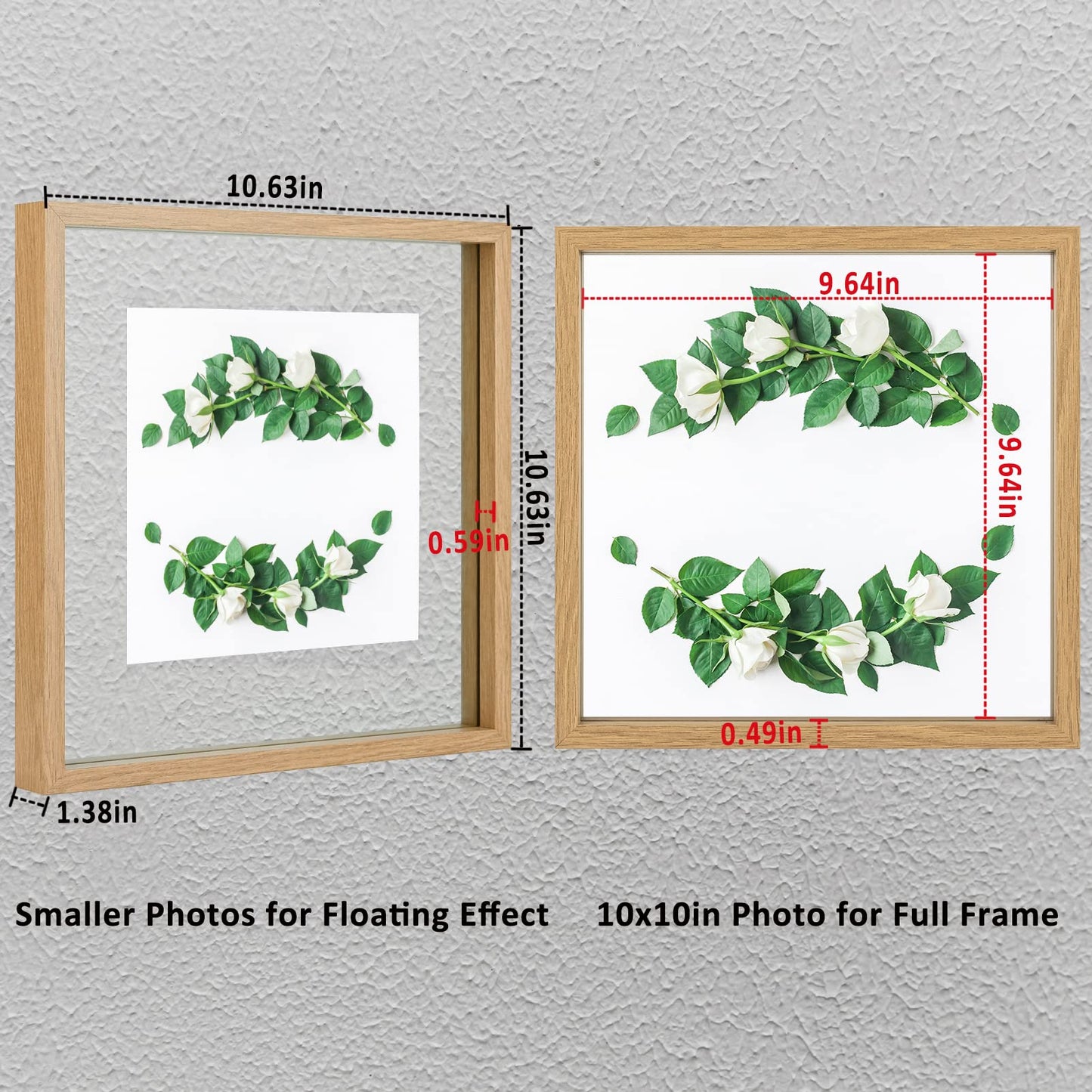 MUYE 10x10 Floating Frame Set of 2,Double Glass Square Photo Frame,Display Any Size Photo up to 10x10,Wall Mount or Tabletop Standing,Natural