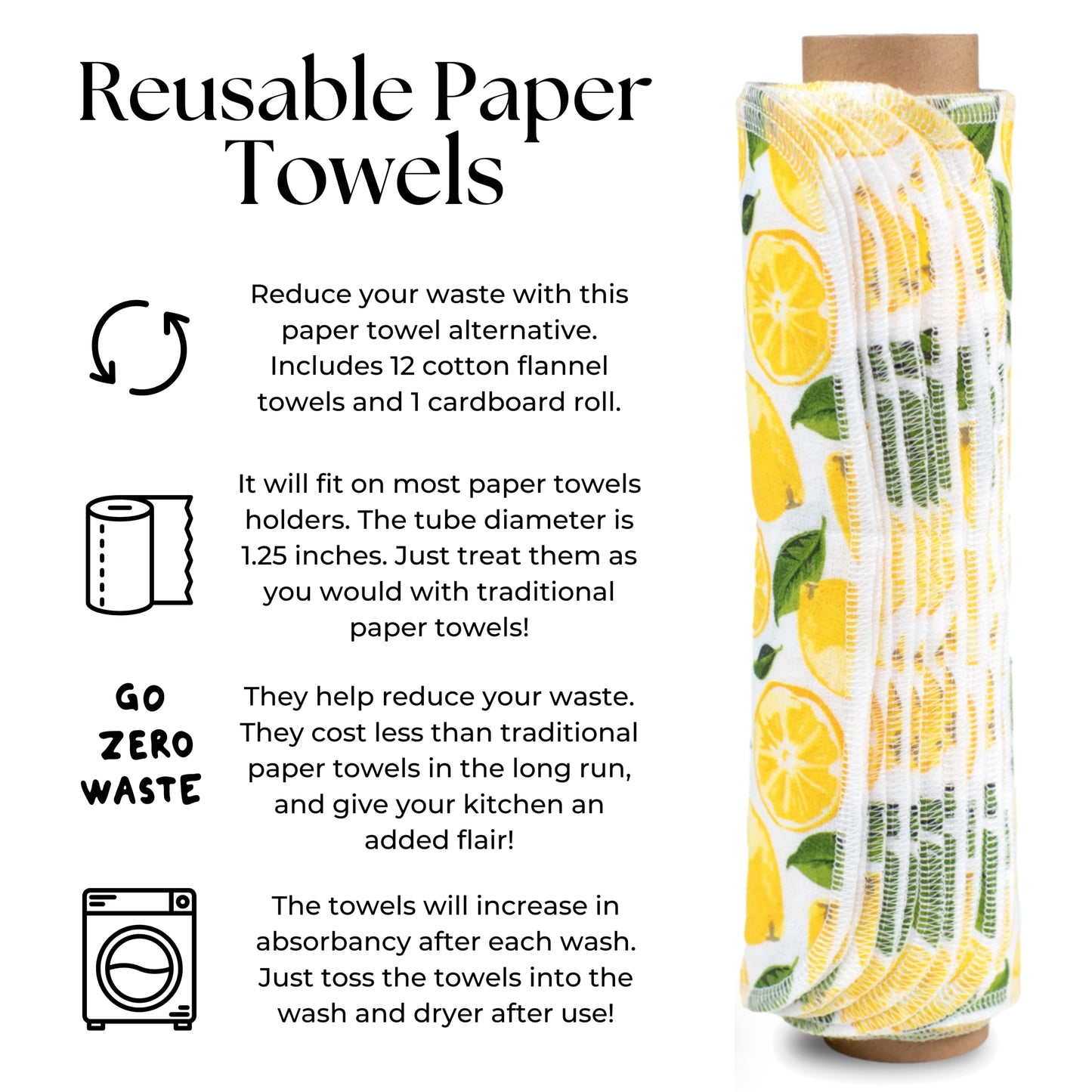 The Useless Brand Reusable Paper Towels Roll | 12 Eco Friendly Washable Cotton Flannel Towels w/Cardboard Roll | Zero Waste & Sustainable | Fits on Most Holders (Lemons, 12 Pack)