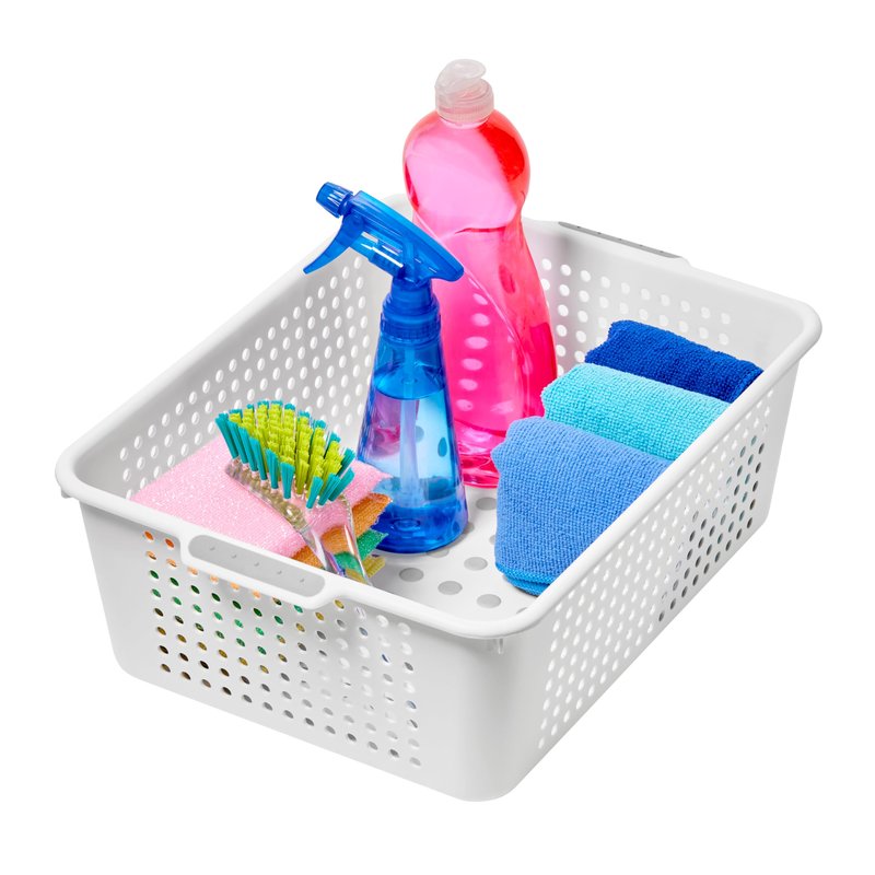 madesmart Medium Storage Basket, Multipurpose Organizer with Soft-Grip Handles, Ventilated Design for Laundry, Bath & Kitchen Storage, White, 14 x 10 x 5"