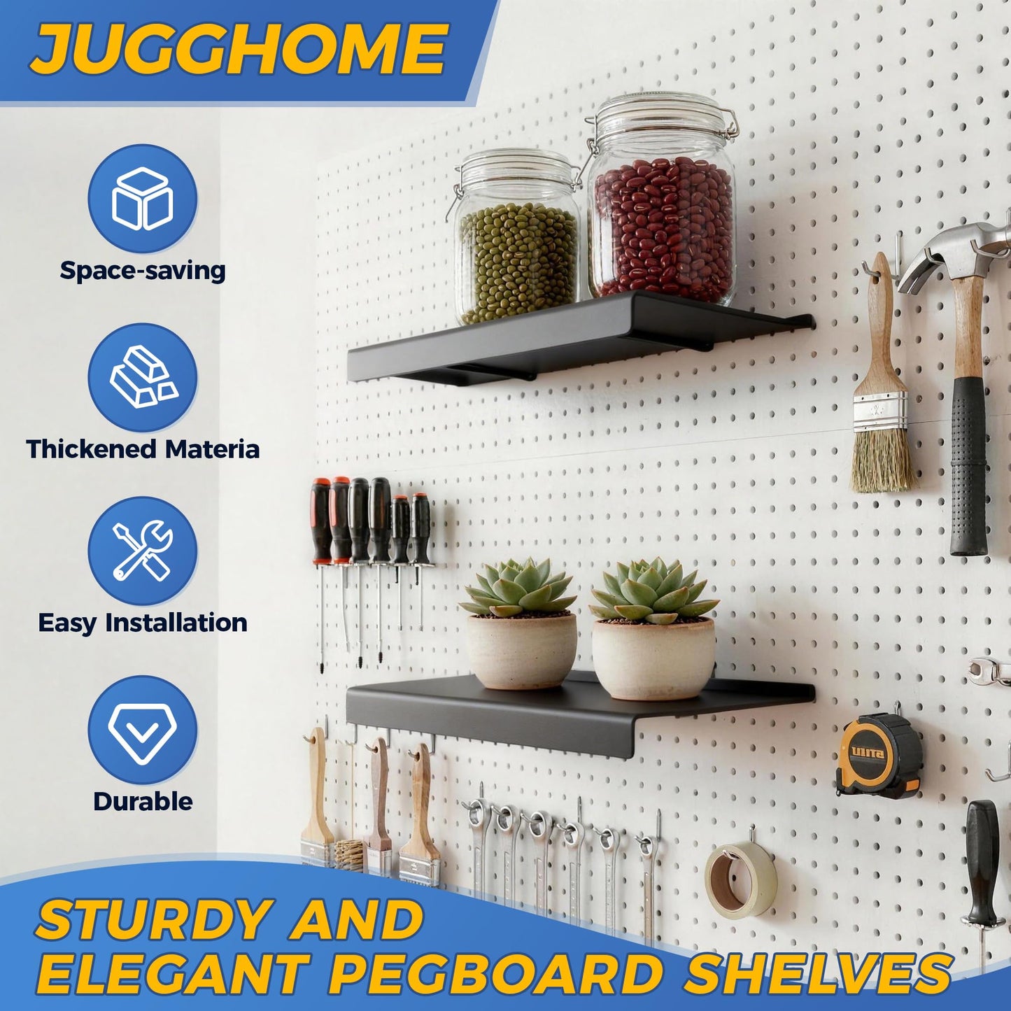 JUGGHOME 6 Pack Pegboard Shelves,10x4.3 Inch Metal Peg Board Shelving,Pegboard Accessories for Storing or Displaying,Pegboard Shelf Brackets for Retail Display Shelves,Garage Organizer,Home Storage
