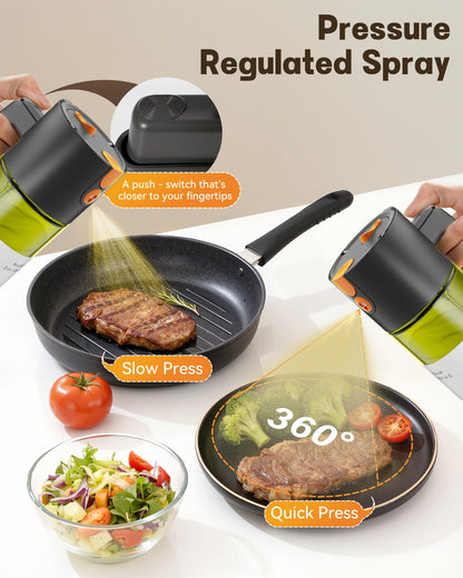 OURCABECUE Upgrade 2 in 1 Oil Sprayer for Cooking, 17oz Light-Blocking Glass Olive Oil Dispenser Bottle for Kitchen, Food-Grade Oil Mister with 8 Stickers for Salad, Frying (Green Bottle-Black Gap)