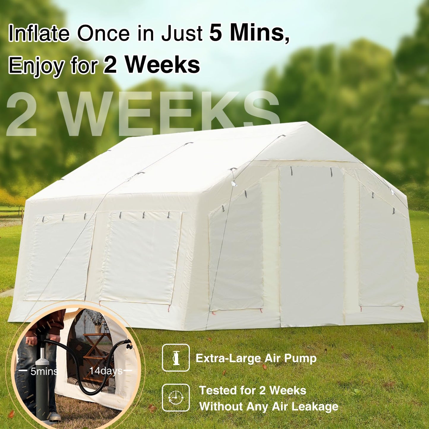 KNUO 2026 Upgraded Waterproof Inflatable Camping Tent for Winter with Rain Cover for 4~6 People, Large Blow-Up Air Tent, No Assembly Needed Luxury Glamping House, 12x12ft Oxford Fabric, Beige