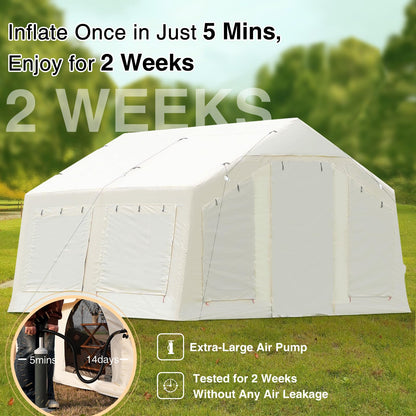 KNUO 2026 Upgraded Waterproof Inflatable Camping Tent for Winter with Rain Cover for 4~6 People, Large Blow-Up Air Tent, No Assembly Needed Luxury Glamping House, 12x12ft Oxford Fabric, Beige