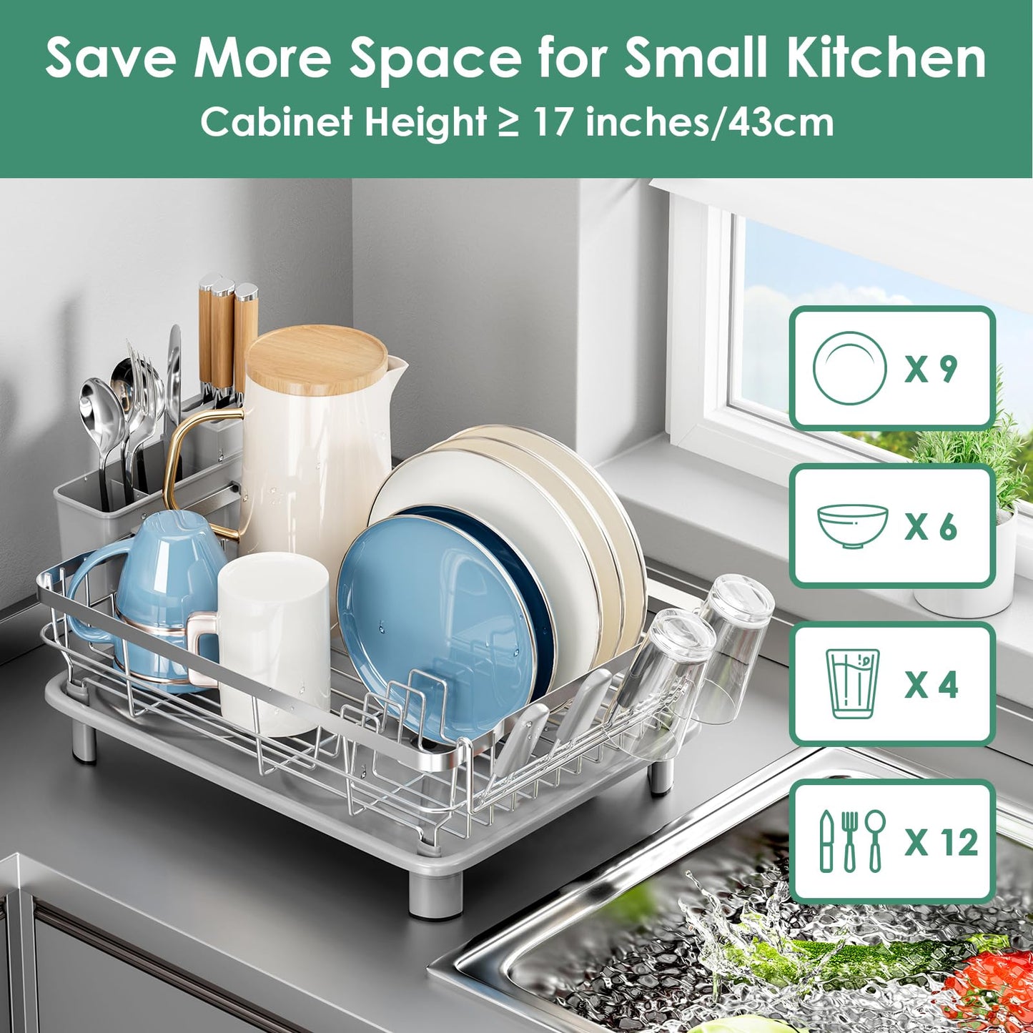MOUKABAL Dish Drying Rack, Dish Rack, Stainless Steel Dish Racks for Kitchen Counter, Dish Drainer with Removable Utensil Holder, Drainboard (Grey,Stainless Steel,13''W x 17''L)