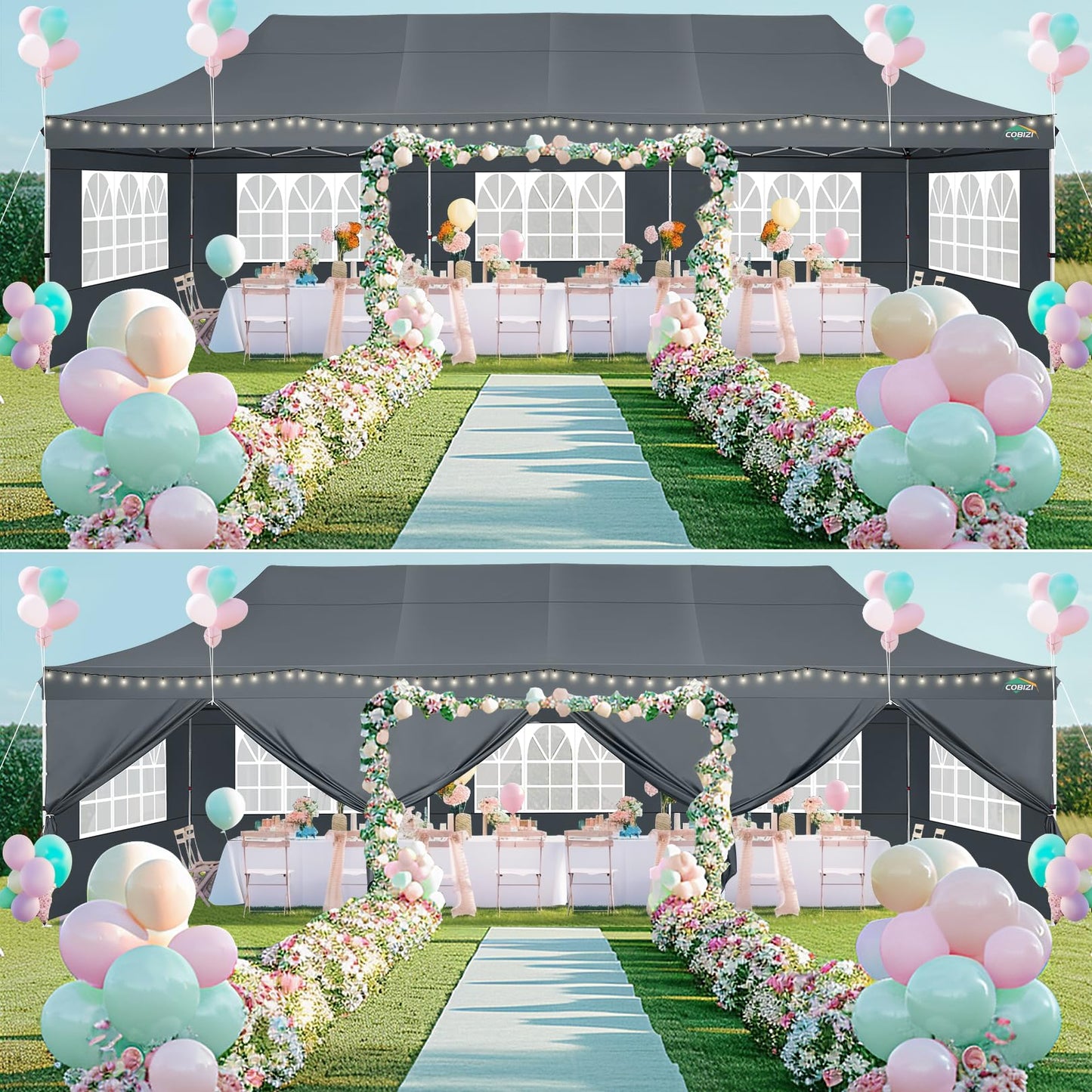 COBIZI 10x30 Pop up Canopy with Roller Bag & 8 Removable Sidewalls, Canopy Tent for Parties, Wedding, and Commercials, Waterproof and Instant Shelter UV50+ Outdoor Gazebo with 4 Sandbags(Gray)