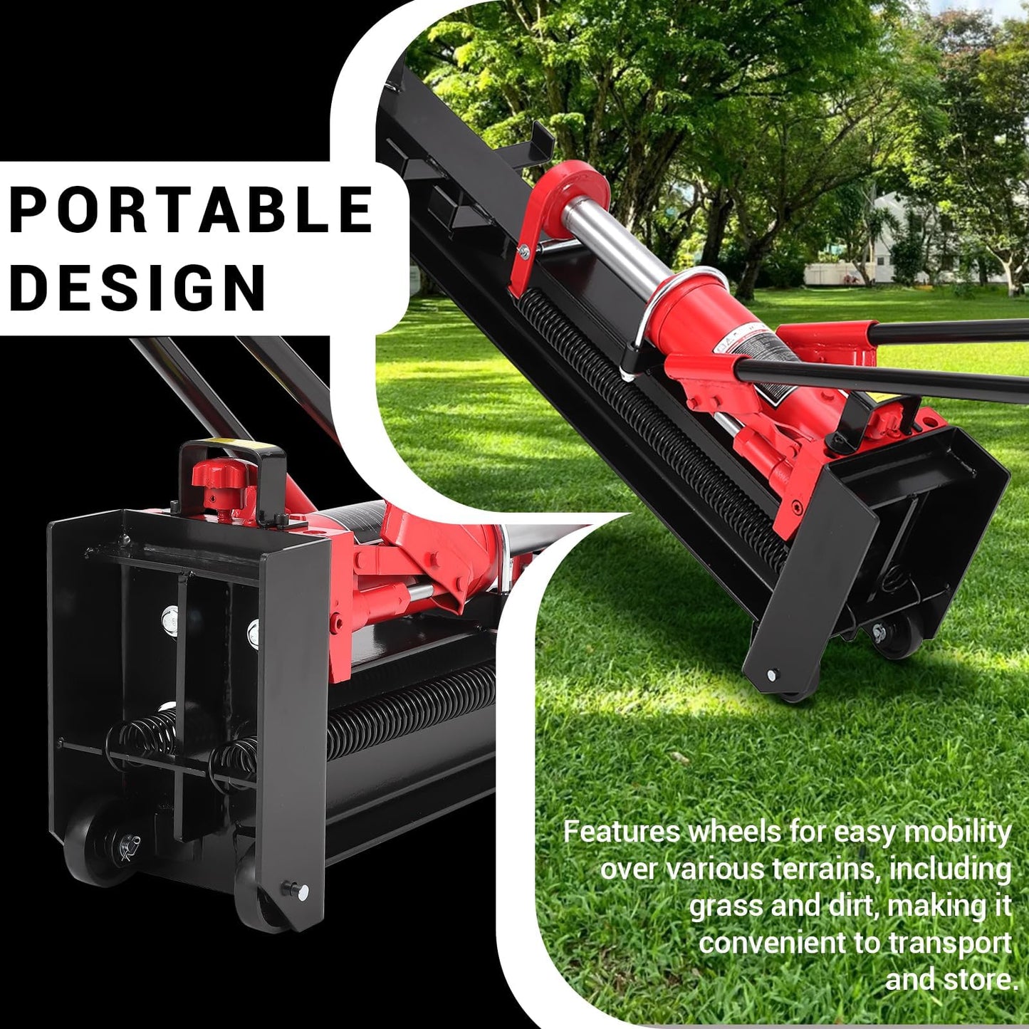 FinerFurnis 12 Ton Manual Hydraulic Log Splitter - Heavy Duty Steel Firewood Cutter - Horizontal Full Steel Beam, Spring-Loaded Return, Built-in Wheels, Portable Wood Splitter for Firewood - Firewood