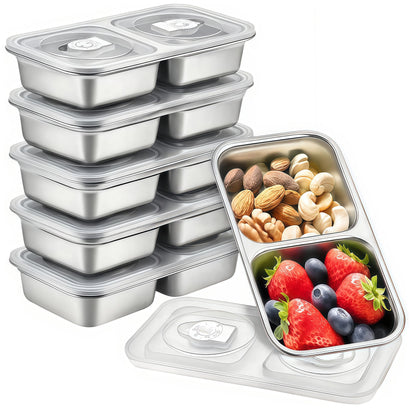 BSTUR 6 Pack Stainless Steel Snack Containers, 2 Compartment Reusable Metal Snack Boxes Containers with Leak-Proof Lids, Compact Lunch Box Food Storage Container