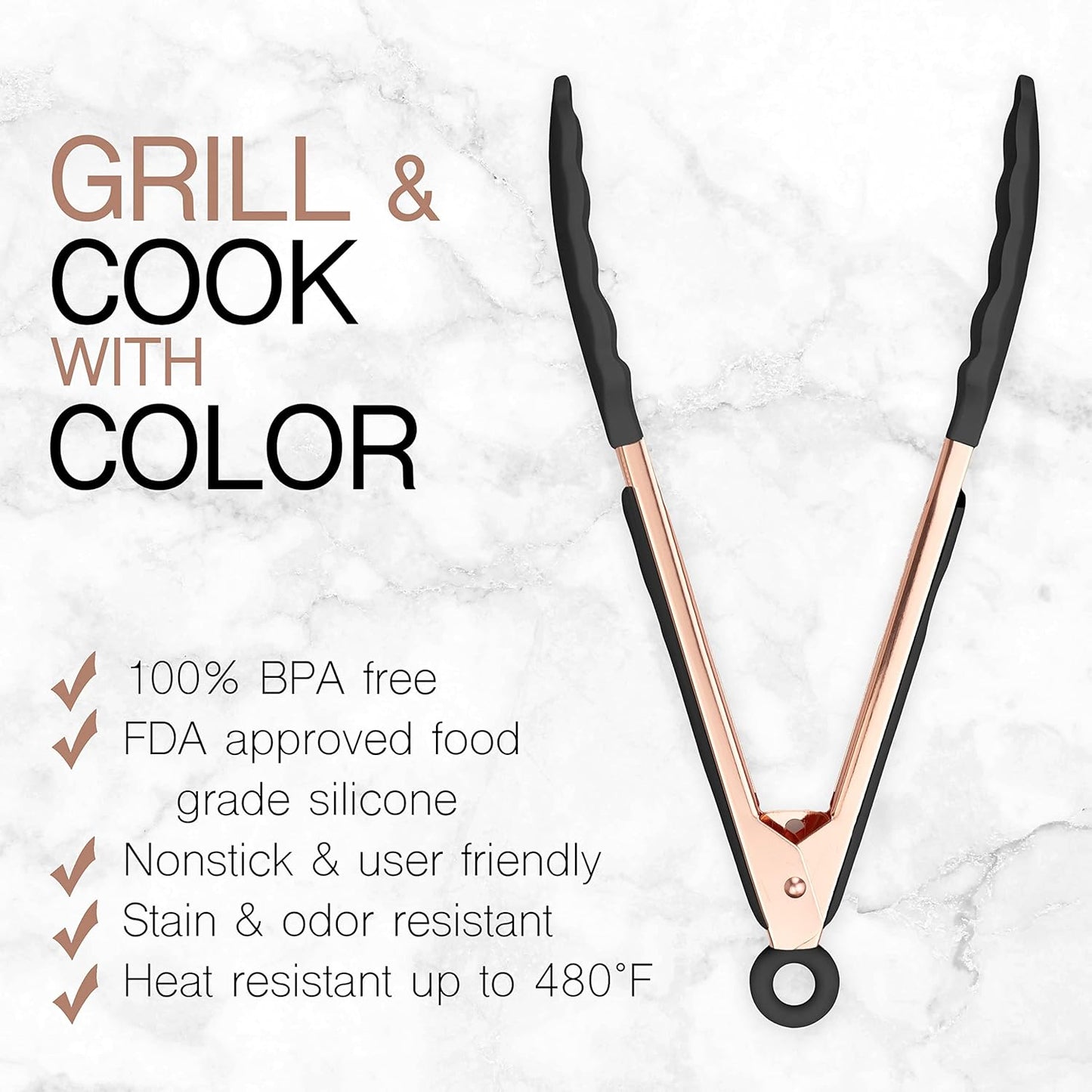 COOK WITH COLOR Stainless Steel Silicone Tipped Kitchen Food BBQ Tongs Set of Two, 9” and 12” for Non-Stick Cookware,