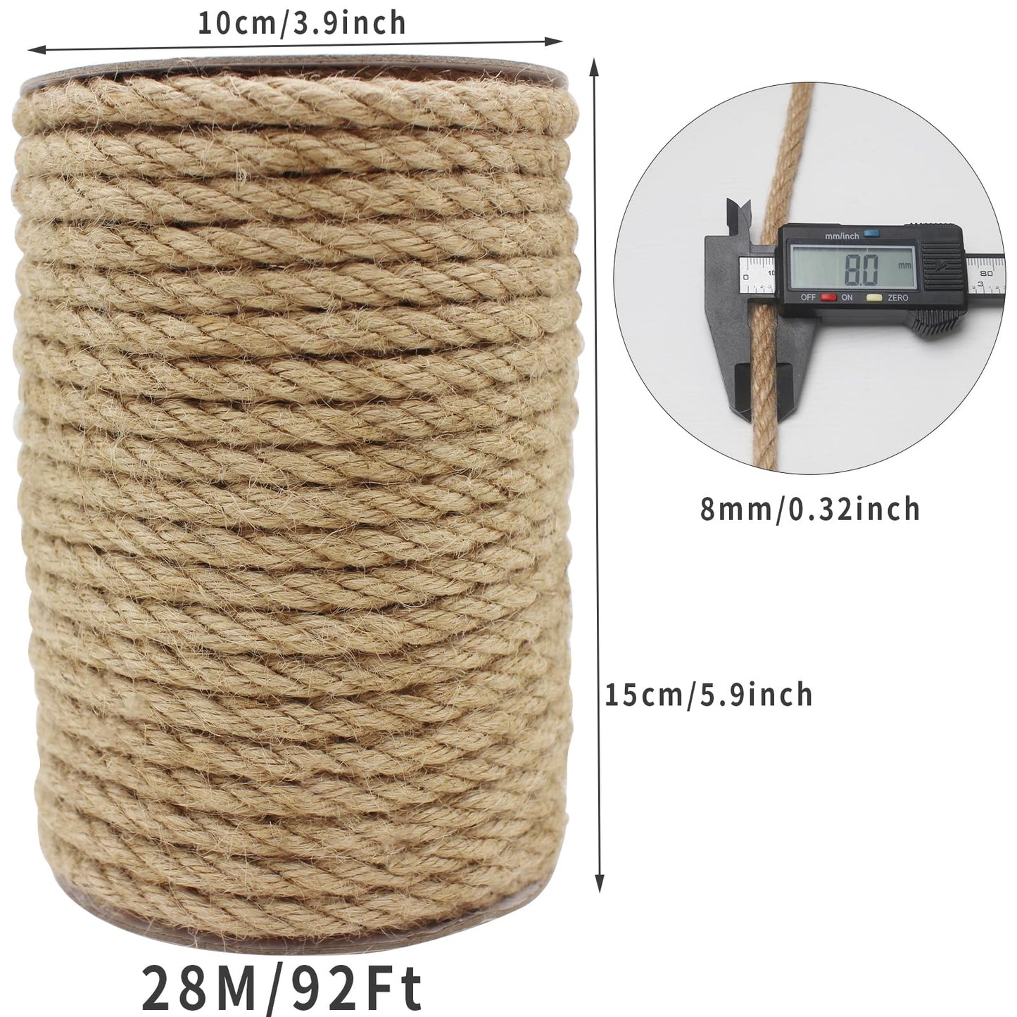 PQZKLDP Heavy-Duty Jute Rope 8mm 91Ft Natural Strong Hemp Cord Twine, Brown Decoration Hemp Rope String for Artworks, Cat Scratcher, Gardening, Bundling, Home Decorating PQ202
