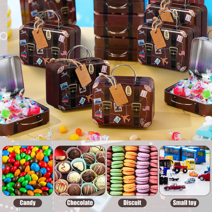 RimCereal 24 Pieces Mini Suitcase Party Favor Boxes Mini Luggage Gift Suitbox Small Travel Candy Tin Suitcase with Handle, Label and Twine for Travel Themed Party Bridal Shower Wedding Decoration