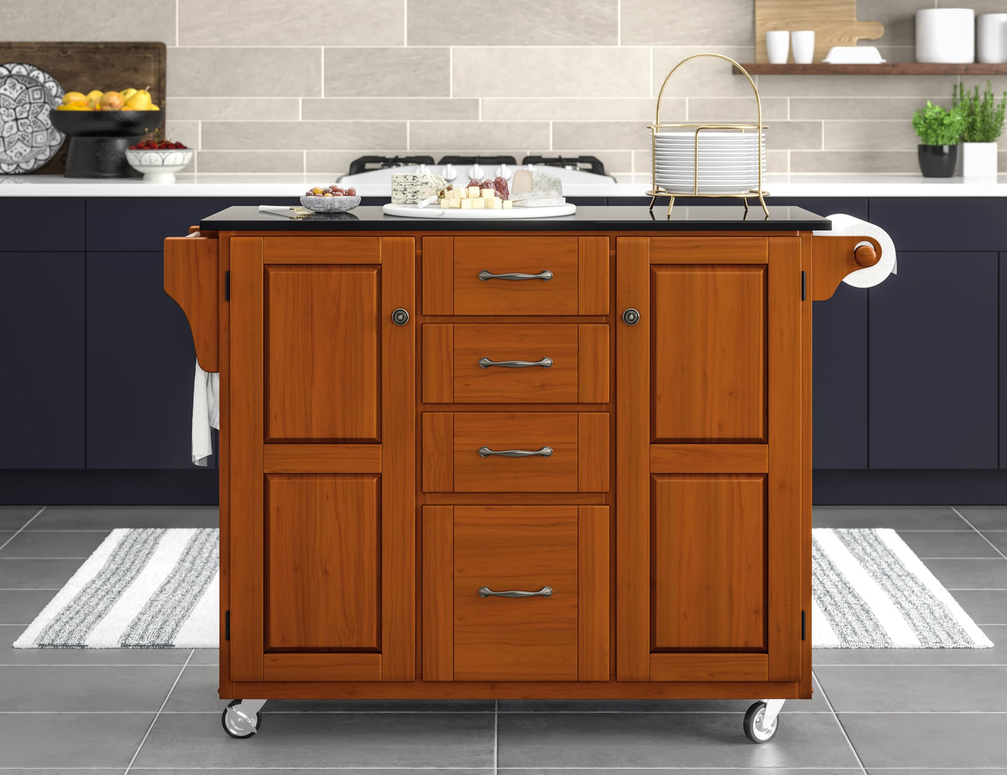 Home Styles Create-a-Cart Cottage Oak Kitchen Cart with Black Granite Top, with Solid Wood Construction, Adjustable Shelves, Towel Bar, Locking Casters, and Spice Rack