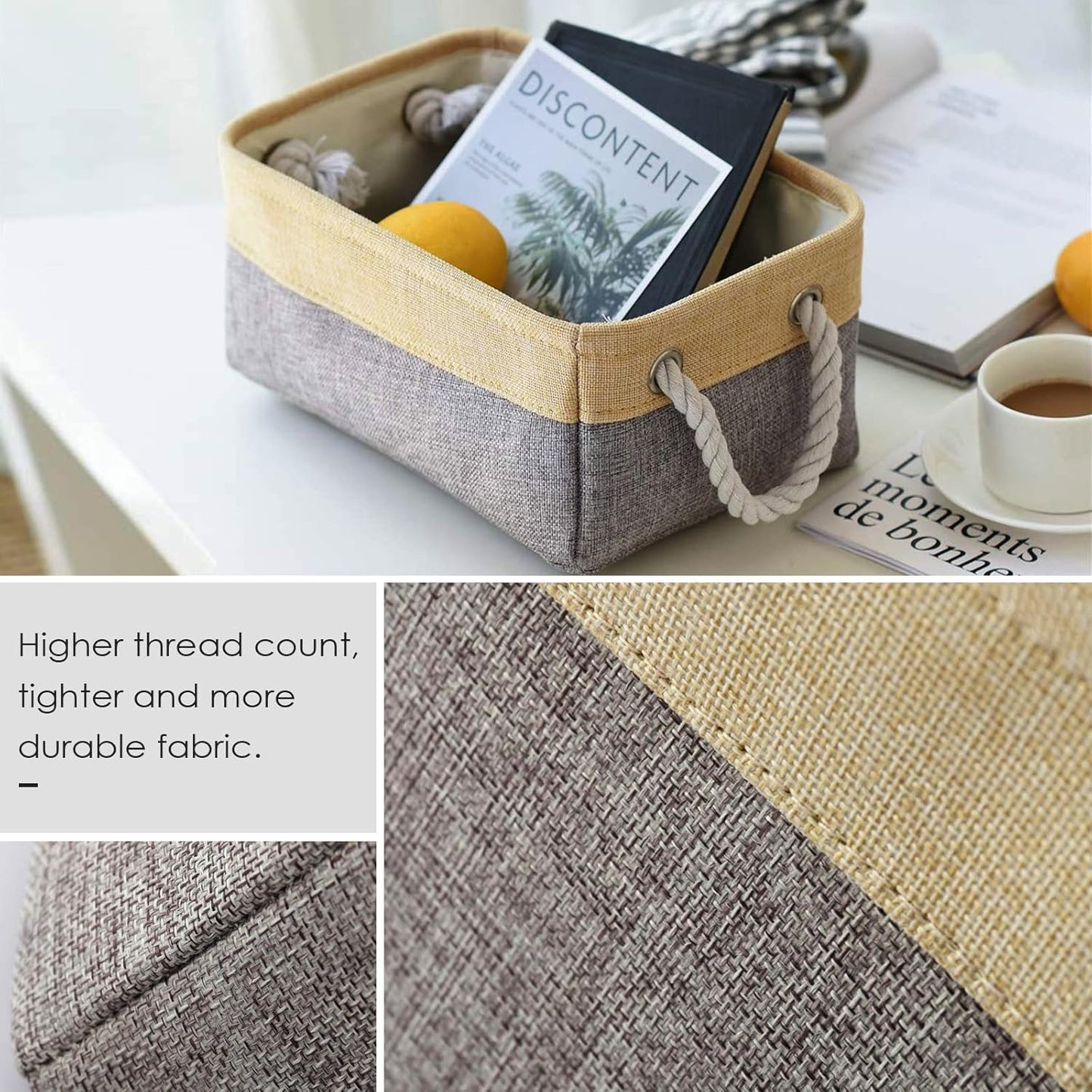 TheWarmHome Decorative Basket, Rectangular Fabric Storage Bin Organizer with Handles for Clothes Storage (Gold&Grey)
