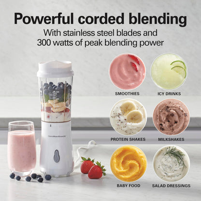 Hamilton Beach Portable Blender for Shakes and Smoothies, 14 Oz BPA Free Travel Cup & Lid, Durable Stainless Steel Blades, Personal Smoothie Blender, White ( 51101V)
