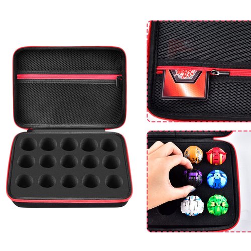 Comecase Hard Carrying Case Compatible with Bakugan Figures, Storage Organizer Box with 15 Foam Slots and Mesh Pocket for 60+ Cards, Travel Holder for Kids Toys (Case Only)- Black