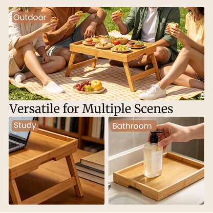 Fibogollo 2 Pack Bamboo Bed Tray Table with Folding Legs,Breakfast Trays,Serving Tray for Food and Snack,Laptop Trays for Working(Natural)