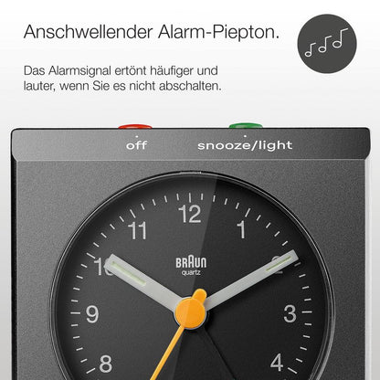 Braun Classic Analogue Travel Alarm Clock with Snooze and Light with Folding Map Lid, Black, BC05B