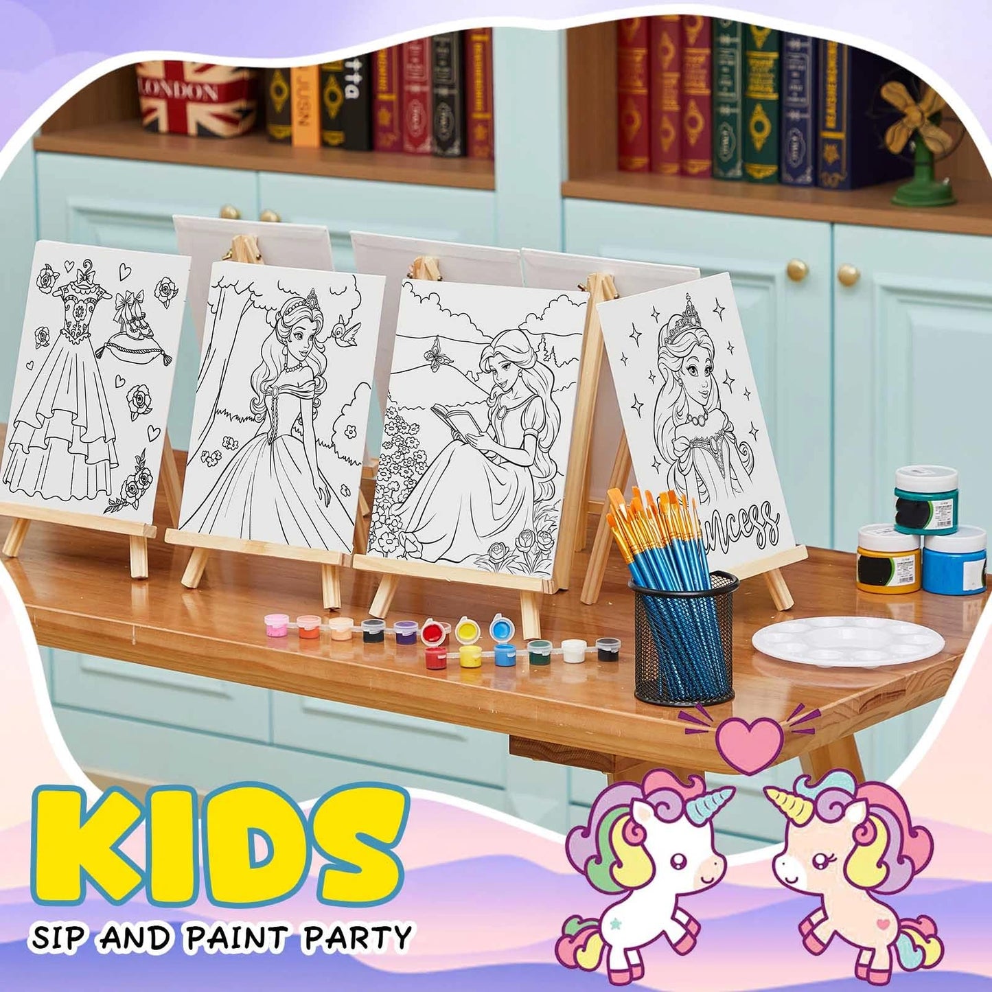 Ireer 12 Set Paint Party Set 8 x 10 Sip and Paint Kit Include 12 Printed Pre Drawn Canvas Panel, Wooden Easels, Palettes, Pots, Apron 36 Brushes for Adult Art DIY Party(Princess)