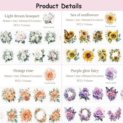 8Rolls Floral Washi Tape Set Flower PET Tapes Stickers for Crafts Journaling,Scrapbooking Supplies, Planner, Bullet Journals,Gift Wraping,Sunflower Rose Hydrangea Butterfly Decorative Masking Tape