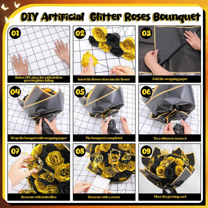 Ovveroche 36 PCS Glitter Roses Bouquet Kit, Black, Gold Sparkling Flower Arrangement with Stems, Butterflies, Crown, Wrapping Paper, Card, Ribbon for Wedding, Graduate, Birthday, DIY Crafts