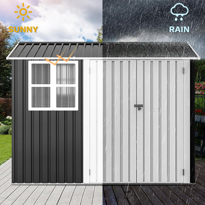 DWVO 8x6ft Large Tool Storage Shed with Window, Lockable Doors, and Sloped Roof, Oversized Steel Outdoor Storage Shed for Garden, Patio, Garage, Backyard, Lawn - Gray & White