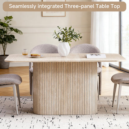63" Inch Modern Oval Dining Table with Rounded Corners & Wood Strip Pedestal Base, Kitchen Table for Dining Room, Beige Stone Patterned(Table Only)