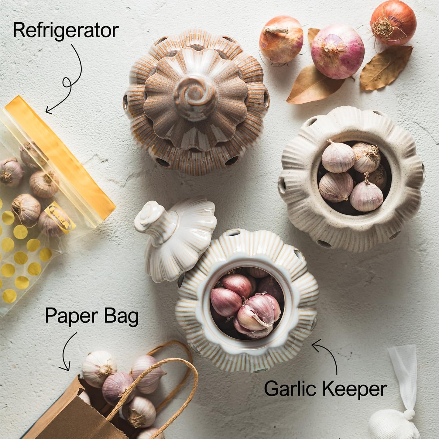 Cormomu Garlic Storage Pod Ceramic Garlic Keeper with Lid Large Garlic Container for Counter, White