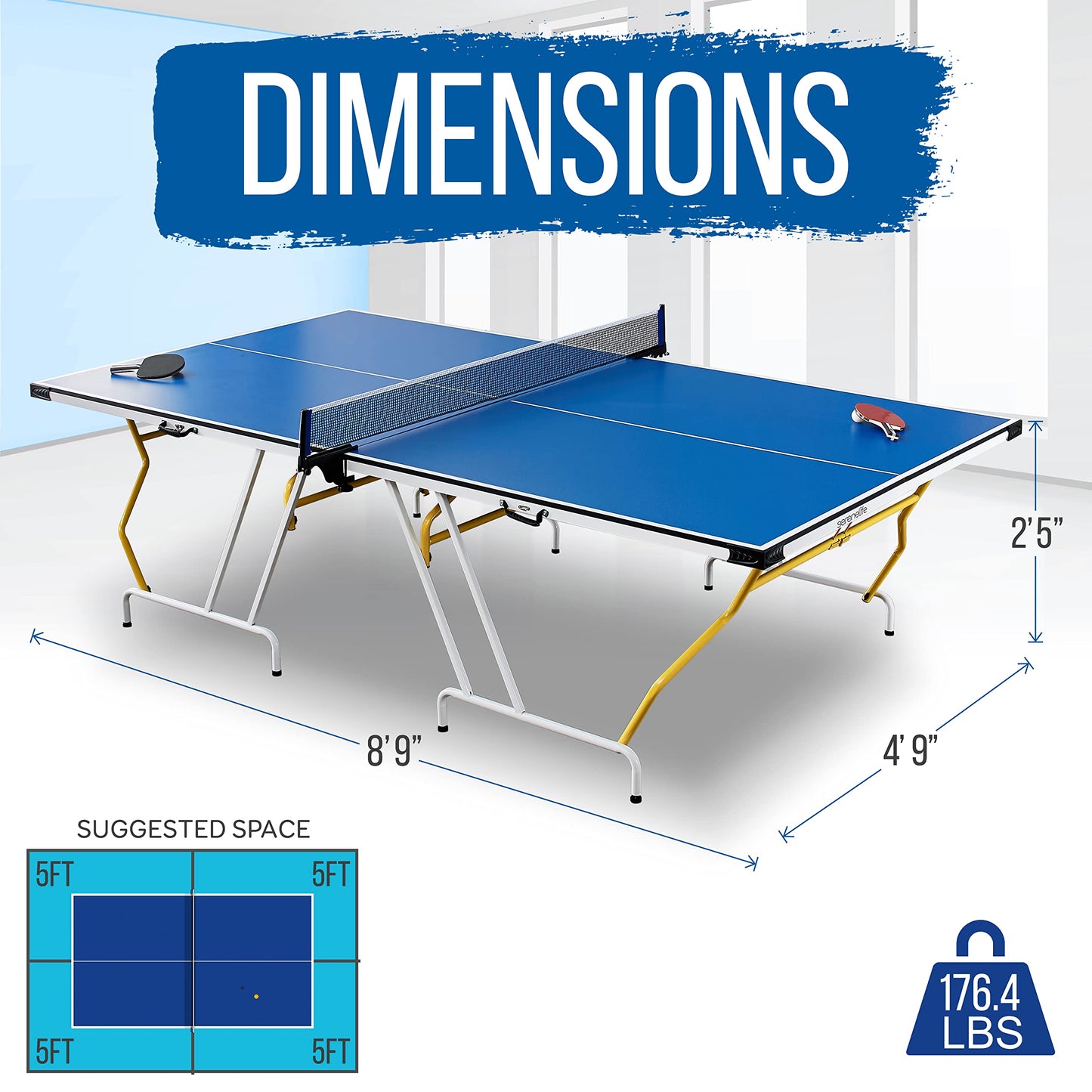 SereneLife Full Size Ping Pong Table, 9’ x 5’ Regulation Fold-Flat Table Tennis Table, Hinged Panels for SUV Transport and Easy Storage, Portable Space-Saving Design, Net & Post Set Included