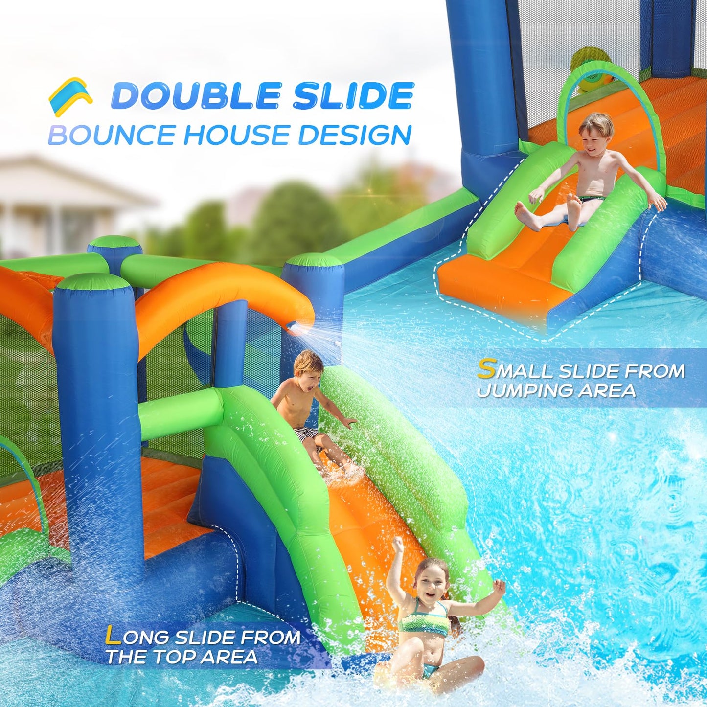 JOYMOR Inflatable Water Slide Bounce House for 3-6, 30s Blow Up Water Slide w/Basketball Hoop, Water Cannon, Ring-Toss Game, Inflatable Water Bounce House w/Slides, Air Blower (Blue/Green)