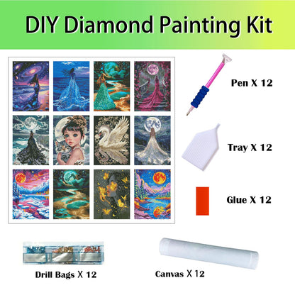 Zha Qiyong Diamond Art Painting Kits for Adults，Round Full Drill Diamond Dots Paintings for Beginners, 5D Diamonds Pictures Gem Art Painting DIY Crafts Kits 12x16inch（12 Pack）