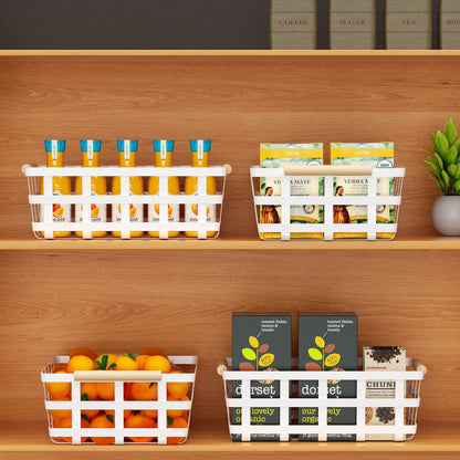 Farmhouse Wire Storage Baskets, Pantry Organizer Baskets with Wood Handle, Metal Bins for Kitchen Pantry (2 Pack)