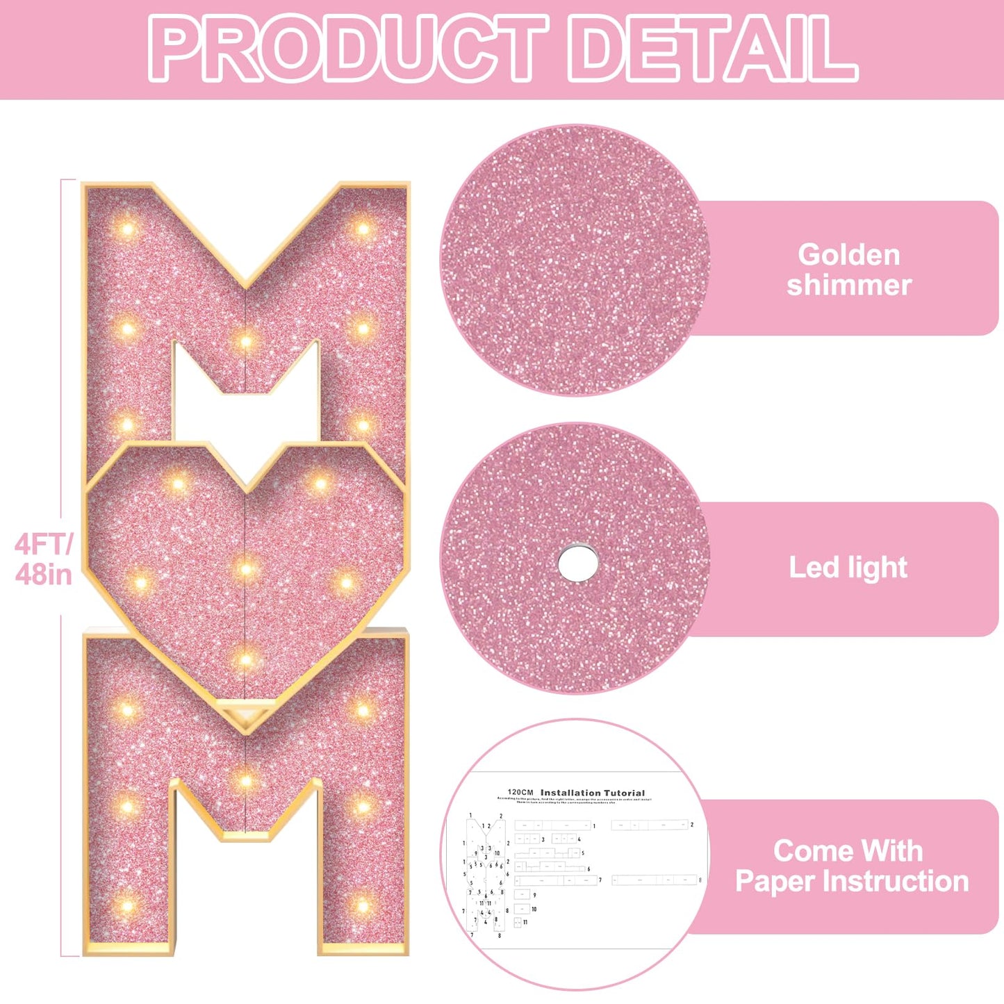 Mother’s Day Decorations LED Letter Lights, 4 Feet Tall ‘MOM’ Marquee Letters Lights Large Heart Sign for Mother’s Day Wall Deor Birthday Party Decorations Supplies, Pink
