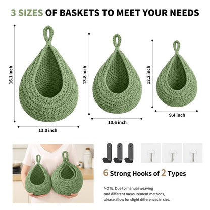 Boho Wall Hanging Fruit Baskets for Kitchen 3 Pack Woven Produce Holder with 6 Pcs Strong Hooks Vegetable Hanging Basket for Organizing Teardrop Home Wall Potato Onion Storage, Green